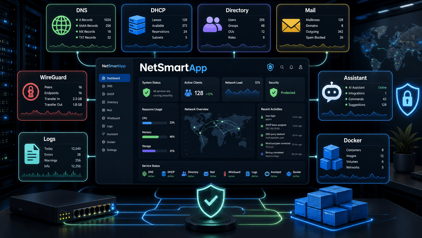NetSmartApp: Network Services in One Docker Package for Teams and Developers