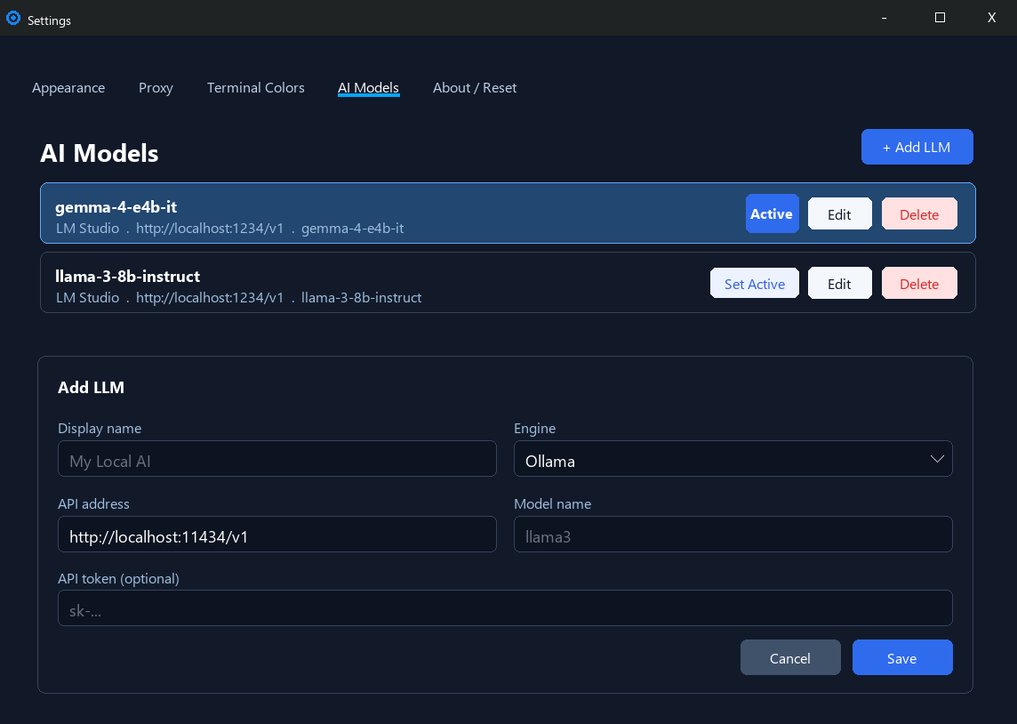 SmartTerminal add LLM profile form